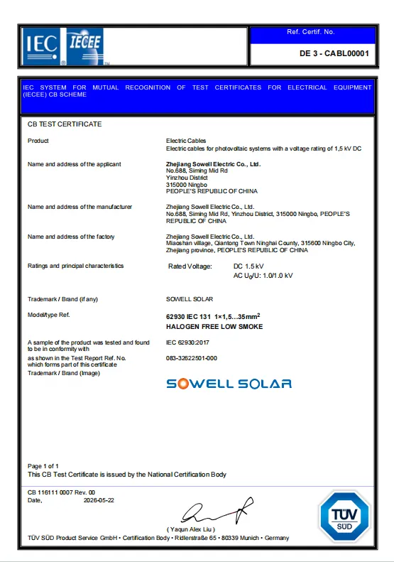 Ang SOWELLSOLAR Photovoltaic Cables ay Tumatanggap ng TÜV SÜD IECEE-CB Certification Recognition
